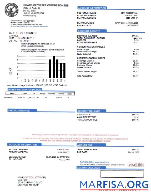 Downloadable USA Board of Water Commissioners utility bill template in Word and PDF formats
